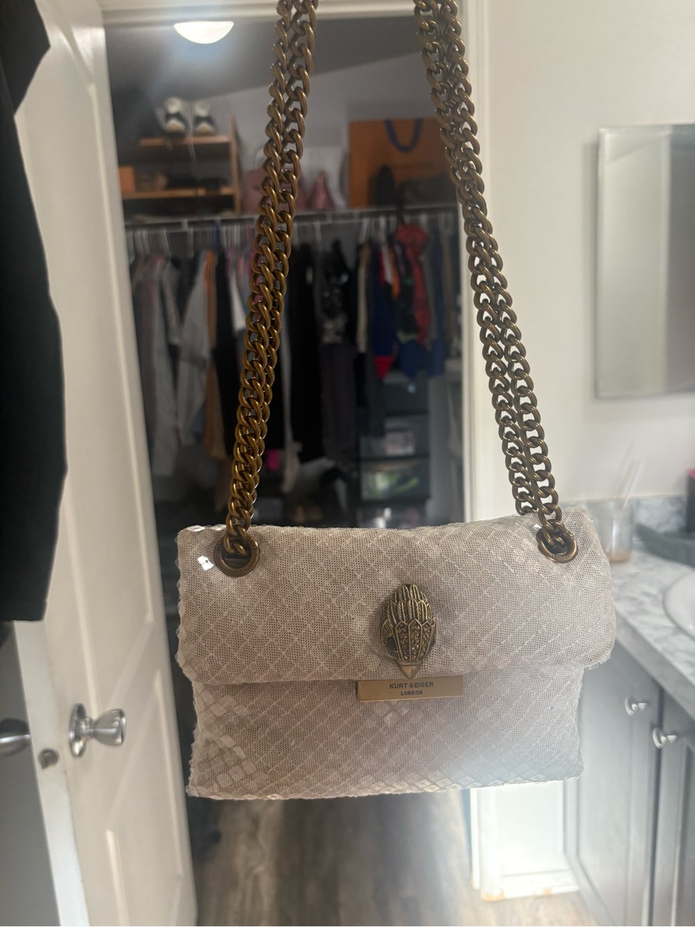 Kurt Geiger Cream Quilted Chain-Handle Shoulder Bag